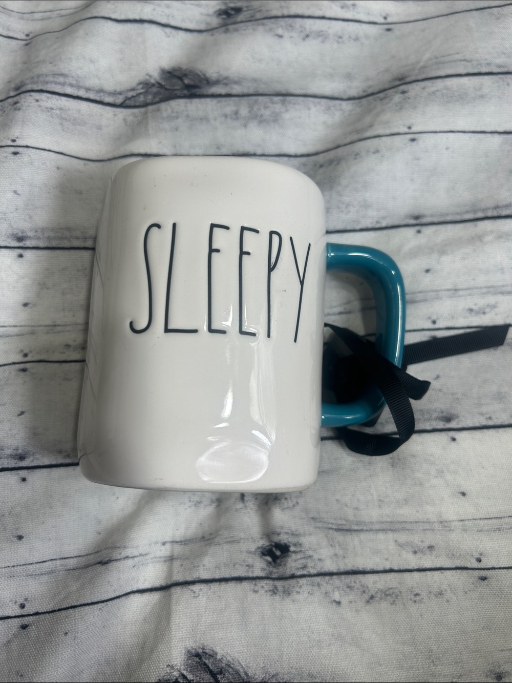 RaeDunn. Sleepy Ceramic Mug with Teal Handle coffee mug